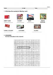 English worksheet: Banks. reading comprehension, meaning of some words, and crossword