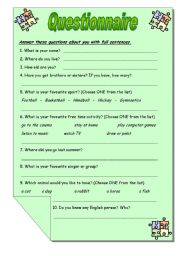 English Worksheet: First day activity: Questionnaire getting basic information