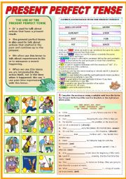 English Worksheet: THE PRESENT PERFECT TENSE- GRAMMAR AND EXERCISES (TWO PAGES)