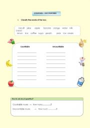 English worksheet: Countable and uncountable nouns