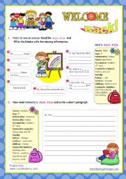 English Worksheet: Back to school   -  Prewriting (completing sentences) + Writing (a short paragraph) + Speaking activity (presenting their work)