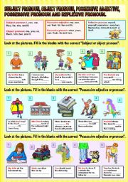 English Worksheet: Subject pronoun, object  pronoun, possessive adjective, possessive pronoun and reflexive pronoun.