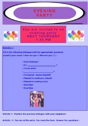 English worksheet: AT THE EVENING PARTY