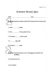 English worksheet: Grammar Review: is/are; subject and predicate; synon.; homoph.