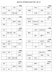 English worksheet: BINGO05 - OPPOSSITE ADJECTIVES - CHART - CARDS