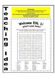 English Worksheet: TEACHING IDEA for the First Day:  Make a wordsearch with your Ss names
