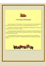 English Worksheet: The history of Thanksgiving