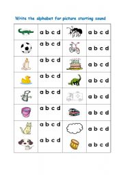 English Worksheet: Write the alphabet for picture starting sound (A,B,C,D)