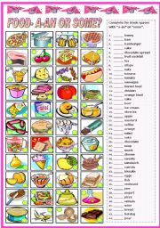 English Worksheet: FOOD- A/AN-SOME- COMPLETE AND MATCH (B&W VERSION INCLUDED)