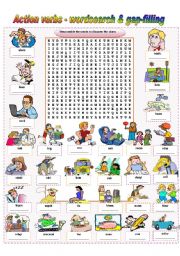 English Worksheet: Action Verbs - wordsearch & gap-filling (fully editable / keys included)