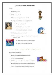 English Worksheet: Conversation: ALL ABOUT ME! First Class Questionnaire
