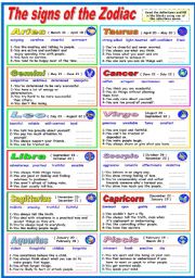 English Worksheet: THE SIGNS OF THE ZODIAC- EXERCISES (B &W VERSION INCLUDED)