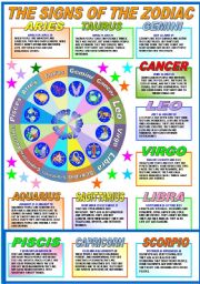 English Worksheet: THE SIGNS OF THE ZODIAC - POSTER + READING AND COMPREHENSION  (B&W VERSION INCLUDED)