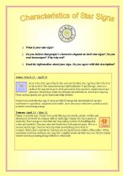 English Worksheet: CHARACTERISTICS OF STAR SIGNS (describing character and personality)