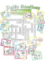 English Worksheet: DAILY ROUTINE Crossword. Students identify the pictures with the correct action. {i.e. daily routine} and write it in the CW