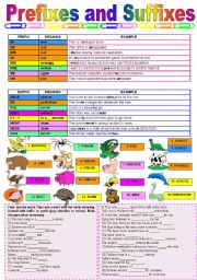 English Worksheet: Prefixes and suffixes - grammar guide, gap-filling, game cards & keys - 4 pages (fully editable)
