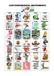 English Worksheet: CARTOONS/ MUSICAL INSTRUMENTS PICTIONARY