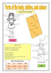 English Worksheet: Parts of the body, clothes, and colours