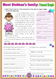 English Worksheet: Meet Siobhans family (Simple Present)  -  Reading Comprehension leading to Writing