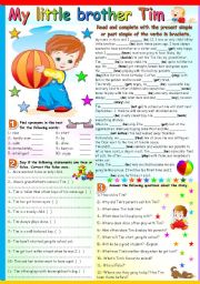 English Worksheet: MY LITTLE BROTHER TIM - PRESENT SIMPLE AND PAST SIMPLE (B&W VERSION+KEY INCLUDED)
