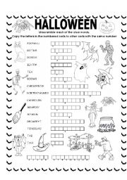 English Worksheet: Double puzzle (Halloween) + KEY