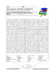 English Worksheet: WORDSEARCH: CLASSROOM SUBJECTS