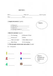 English Worksheet: Test of Classroom Instructions , numbers , colours and objects of school