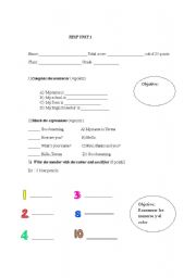 English worksheet: Test of Classroom Instructions , numbers , colours and objects of school