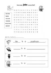 English worksheet: Jobs wordsearch and pronouns activity