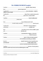 English Worksheet: Where Im From Poem--Template