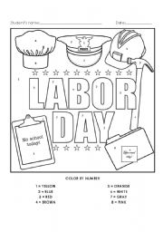 English Worksheet: LABOR DAY COLOR BY NUMBER ACTIVITY