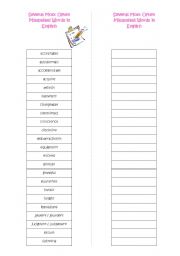 English Worksheet: Several Most Often Misspelled Words in English