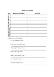 English worksheet: kinds of sport & present simple continuous