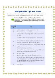 English worksheet: multiplication tips