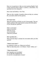 English worksheet: Questions to begin a conversation