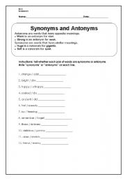 English worksheet: Synonyms and Antonyms