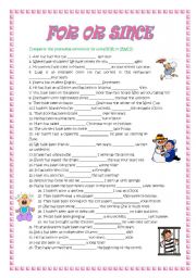 English Worksheet: FOR OR SINCE