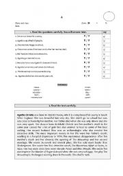 English Worksheet: Reading comprehension test A, B, C (true/false)