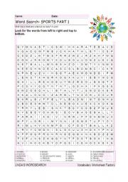 English Worksheet: WORDSEARCH: SPORTS PART 1