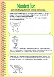 English Worksheet: Monsters Inc. Reading Comprehension and colouring activities 