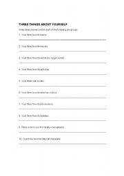 English worksheet: 3 things about yourself
