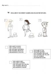 English Worksheet: CLOTHES - Match the descriptions and colour the pictures 