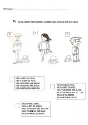 English worksheet: CLOTHES - Match the descriptions and colour the pictures 