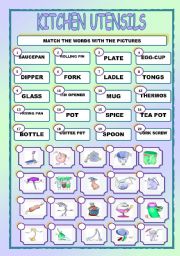 English Worksheet: CARTOONS/KITCHEN UTENSILS/MATCHING