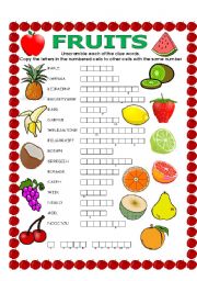 English Worksheet: DOUBLE PUZZLE (FRUITS) + KEY