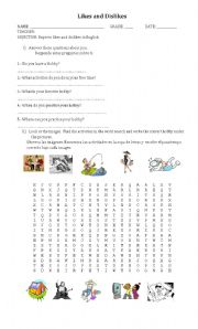 English Worksheet: hobbies and expressing preferences