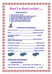 English Worksheet: Review : present, past , comparative and superlatives, countable and uncountables and personal questions.