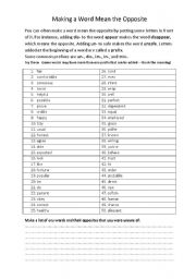English Worksheet: Using prefixes to make opposites