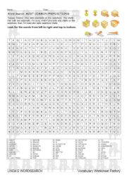 English Worksheet: WORDSEARCH: MOST COMMON PREPOSITIONS
