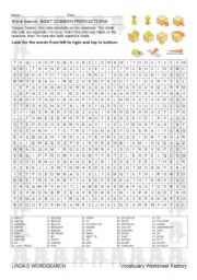 English Worksheet: WORDSEARCH: MOST COMMON PREPOSITIONS